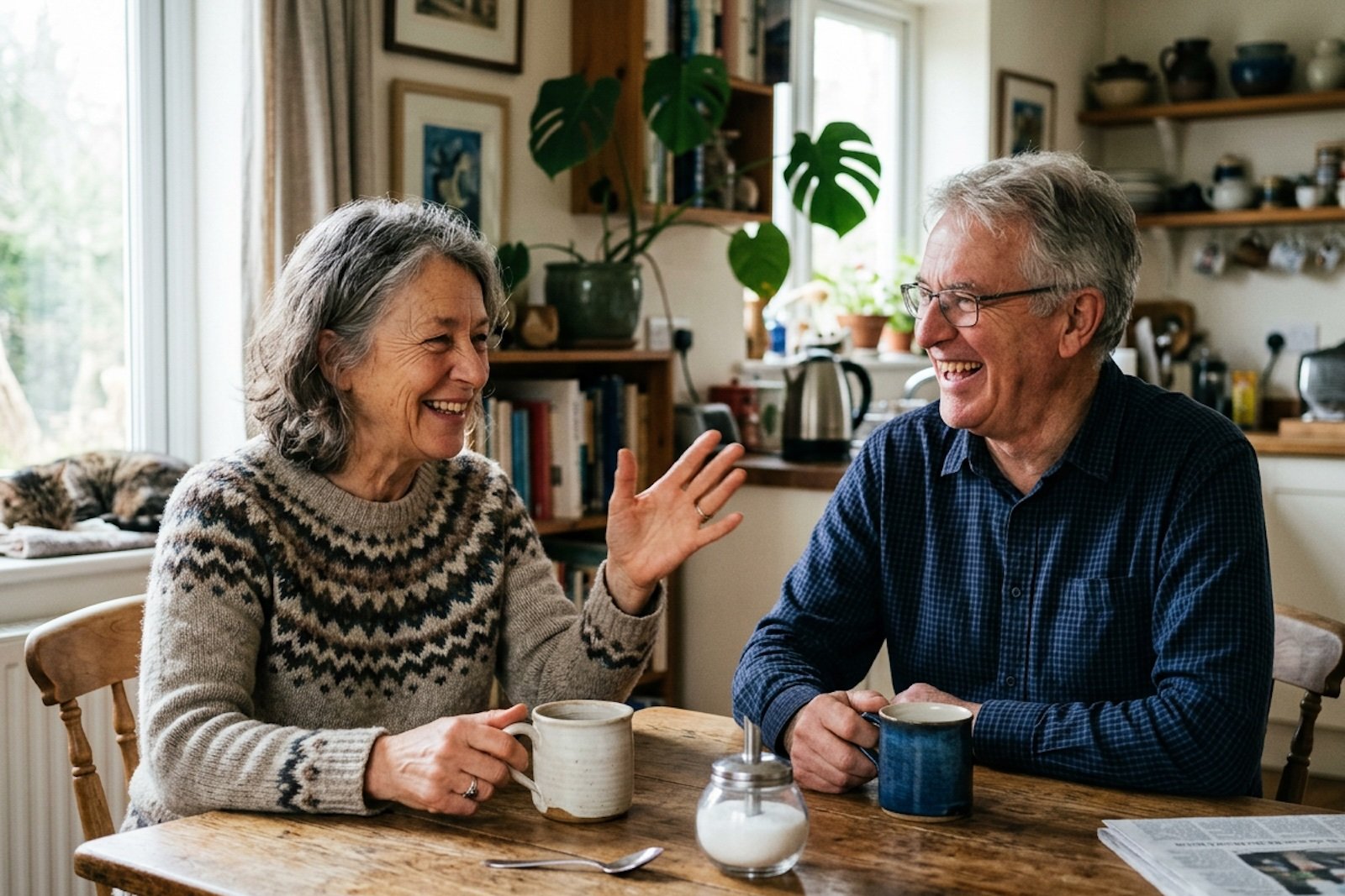 Two adults talking over coffee at a kitchen table, one mid-thought