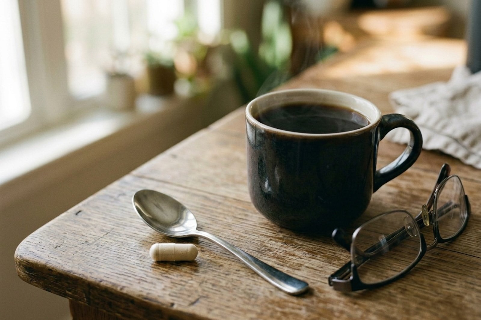 A single supplement tablet beside a cup of coffee and reading glasses on a wooden table